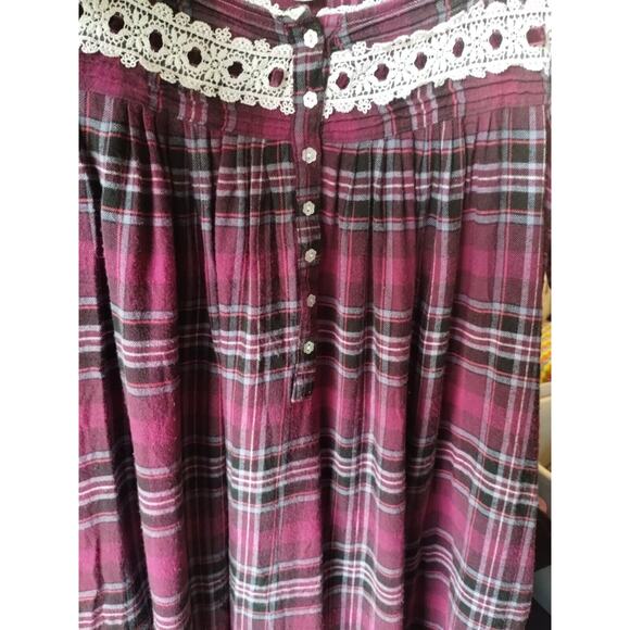 Eileen West Dark Pink Plaid 3/4 Sleeve Lace Ruffle Pockets Flannel Nightgown S - Picture 12 of 16